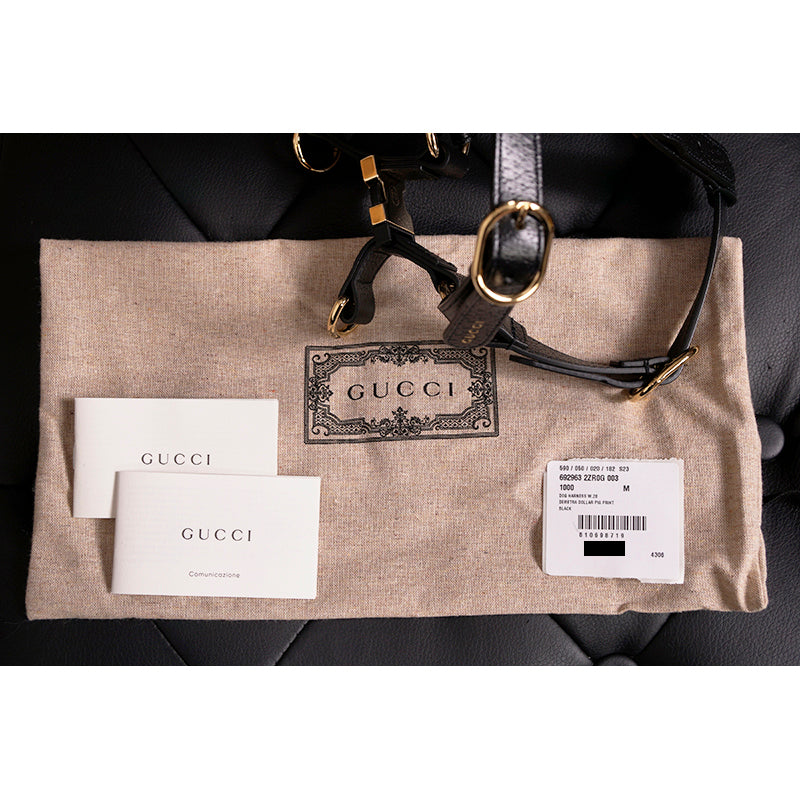 sz M NEW $650 GUCCI Black Demetra Leather-Style Gold Hardware LOGO PET HARNESS