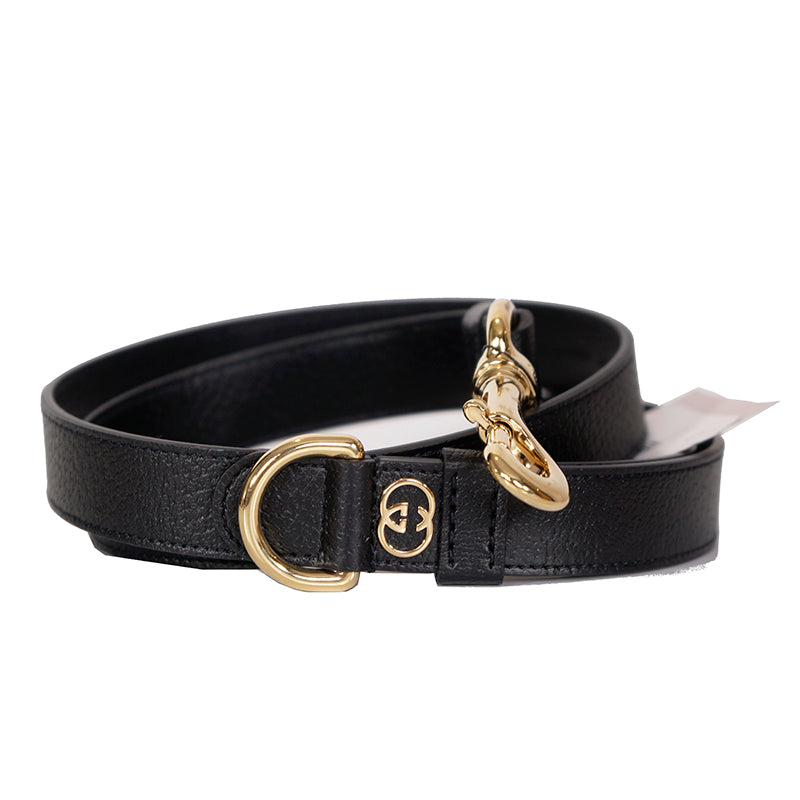 NEW $480 GUCCI Black Demetra Leather GOLD GG Logo PET Cat/Dog 100cm LEASH NIB