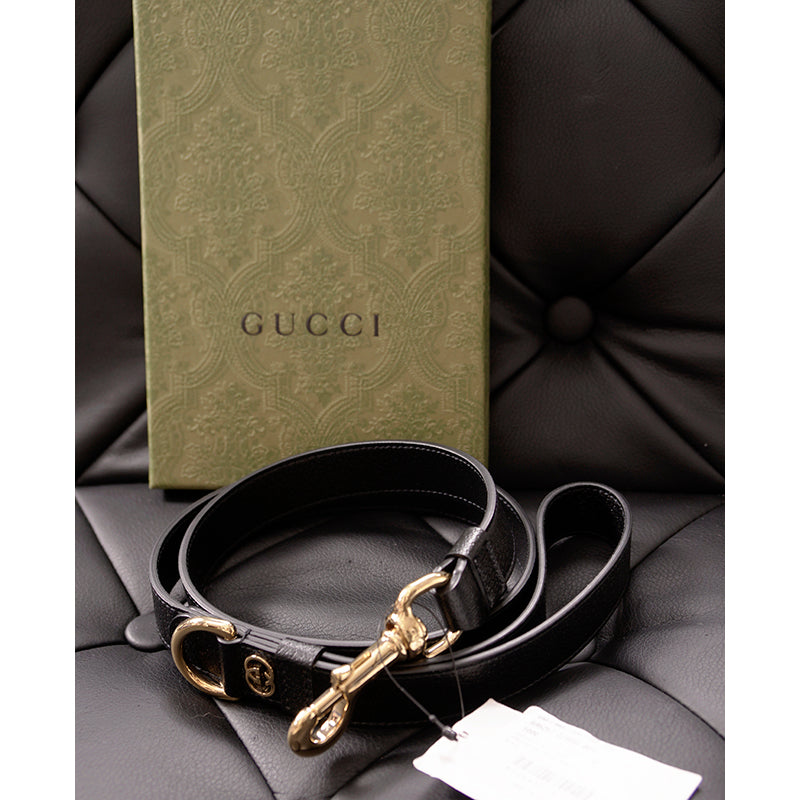 NEW $480 GUCCI Black Demetra Leather GOLD GG Logo PET Cat/Dog 100cm LEASH NIB