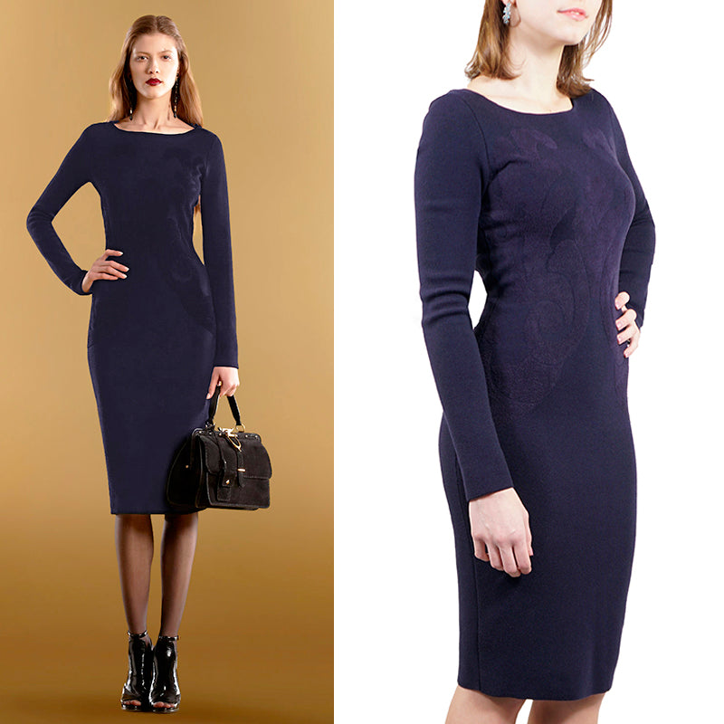 sz S NEW $1,790 GUCCI Vintage 2012 Navy Blue WOOL Stretch KNIT JACQUARD DRESS