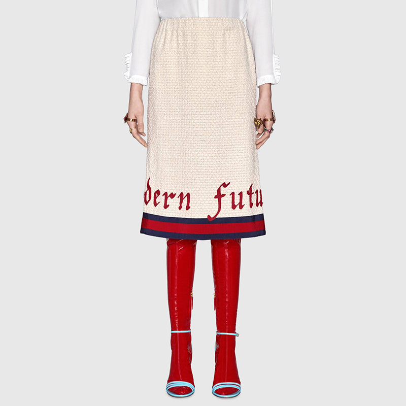 36 NEW $1500 GUCCI RUNWAY Ivory MODERN FUTURE Cotton Tweed Pencil LOGO WEB SKIRT