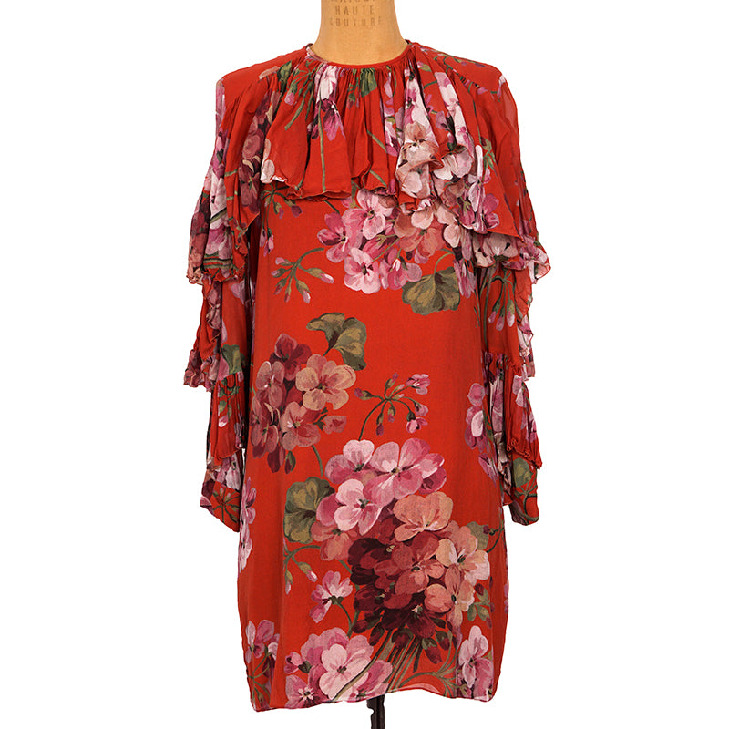 sz 42 NEW $3200 GUCCI RUNWAY Red BLOOMS FLORAL Plisse Ruffle Silk Cocktail DRESS