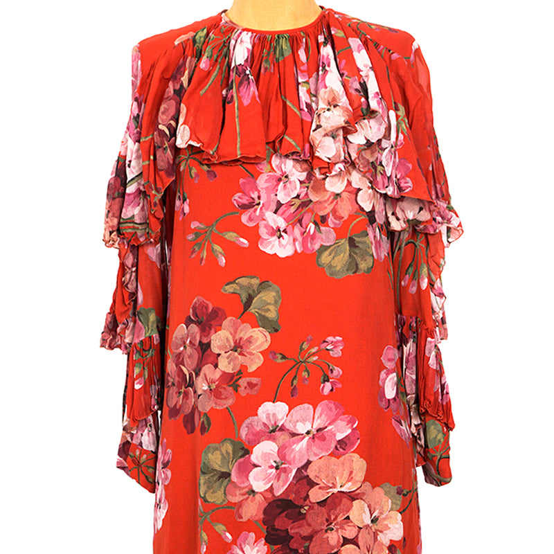 sz 42 NEW $3200 GUCCI RUNWAY Red BLOOMS FLORAL Plisse Ruffle Silk Cocktail DRESS