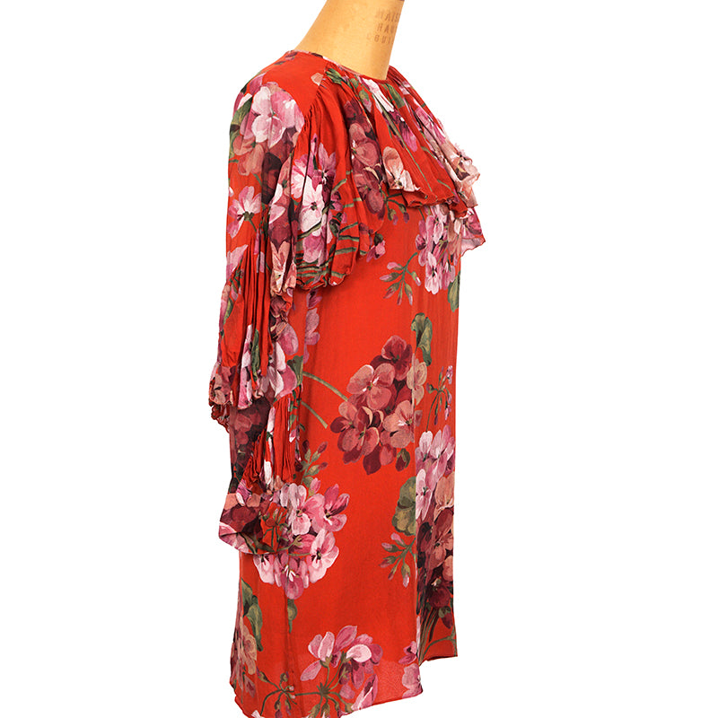 sz 42 NEW $3200 GUCCI RUNWAY Red BLOOMS FLORAL Plisse Ruffle Silk Cocktail DRESS