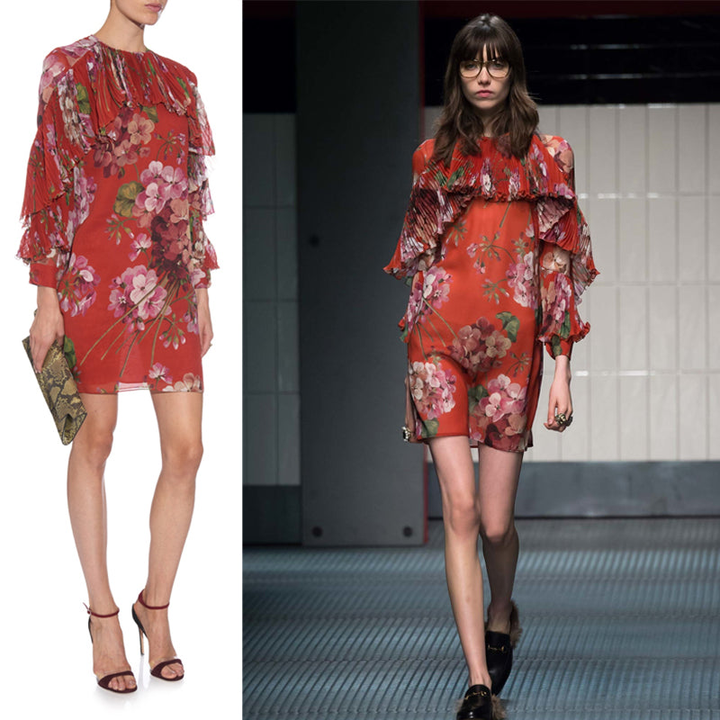 sz 42 NEW $3200 GUCCI RUNWAY Red BLOOMS FLORAL Plisse Ruffle Silk Cocktail DRESS