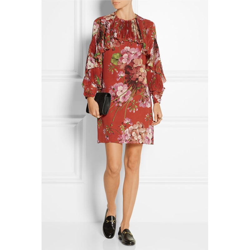sz 42 NEW $3200 GUCCI RUNWAY Red BLOOMS FLORAL Plisse Ruffle Silk Cocktail DRESS
