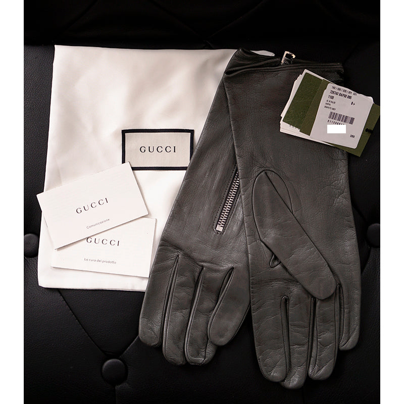 sz S NEW $875 GUCCI Men&#039;s Gray Nappa Leather GG LOGO ZIPPER CENTER Lined GLOVES