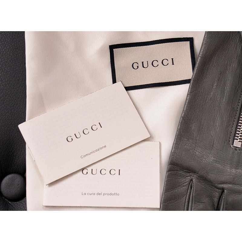 sz S NEW $875 GUCCI Men&#039;s Gray Nappa Leather GG LOGO ZIPPER CENTER Lined GLOVES