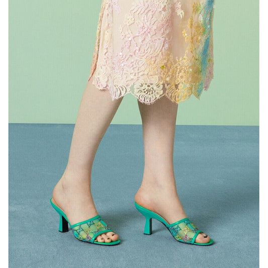 37 NEW $1,050 GUCCI Teal Mesh MULTICOLOR CRYSTAL GG Mid-heel SLIDE SANDALS NIB