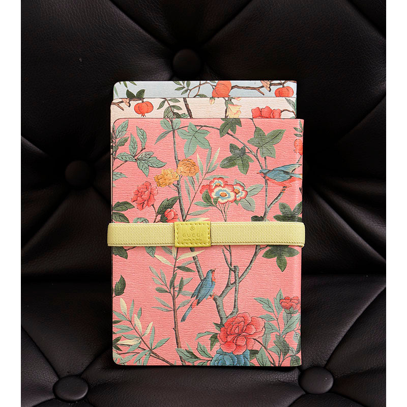 NEW $495 GUCCI Pink, Blue &amp; White FLORAL BIRD TIAN Small 3 pc NOTEBOOK SET NWT