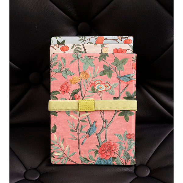 NEW $495 GUCCI Pink, Blue &amp; White FLORAL BIRD TIAN Small 3 pc NOTEBOOK SET NWT