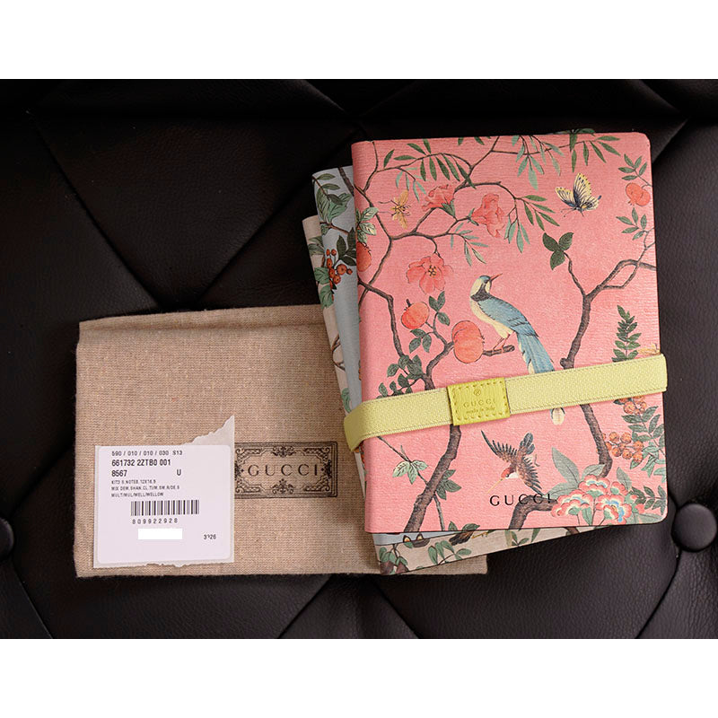 NEW $495 GUCCI Pink, Blue &amp; White FLORAL BIRD TIAN Small 3 pc NOTEBOOK SET NWT