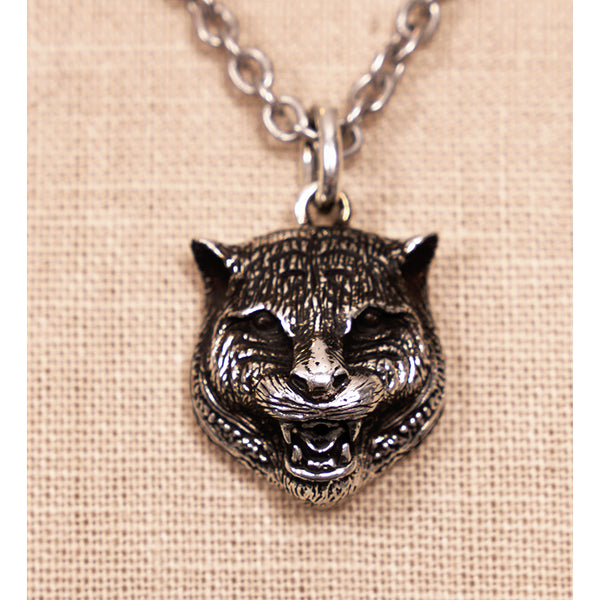 NEW $420 GUCCI Aged Sterling Silver TIGER CAT HEAD LOGO GG Pendant NECKLACE NIB
