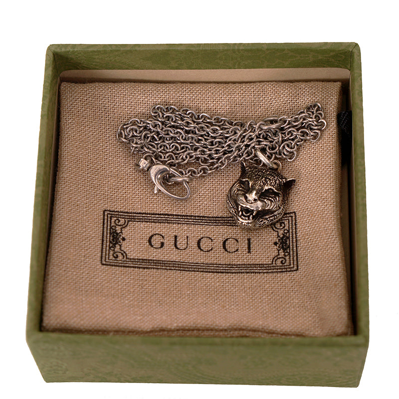 NEW $420 GUCCI Aged Sterling Silver TIGER CAT HEAD LOGO GG Pendant NECKLACE NIB