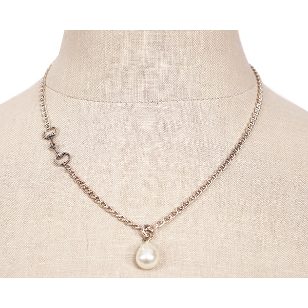 NEW $690 GUCCI Sterling Silver HORSEBIT LOGO Glass Pearl Pendant NECKLACE NWB