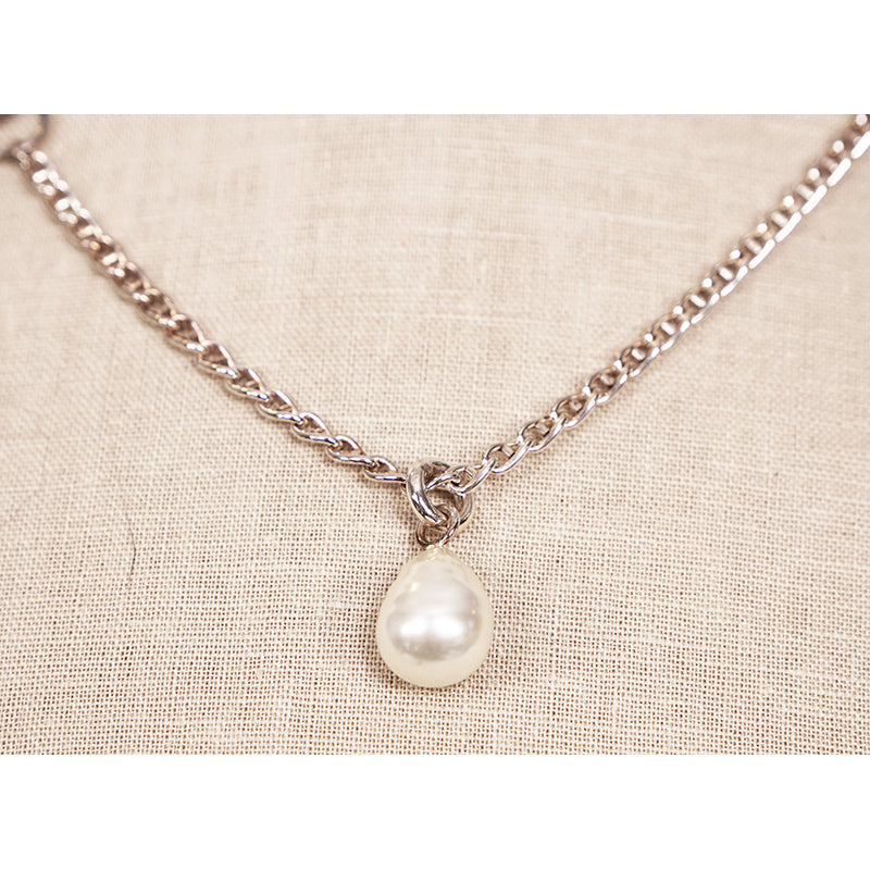 NEW $690 GUCCI Sterling Silver HORSEBIT LOGO Glass Pearl Pendant NECKLACE NWB