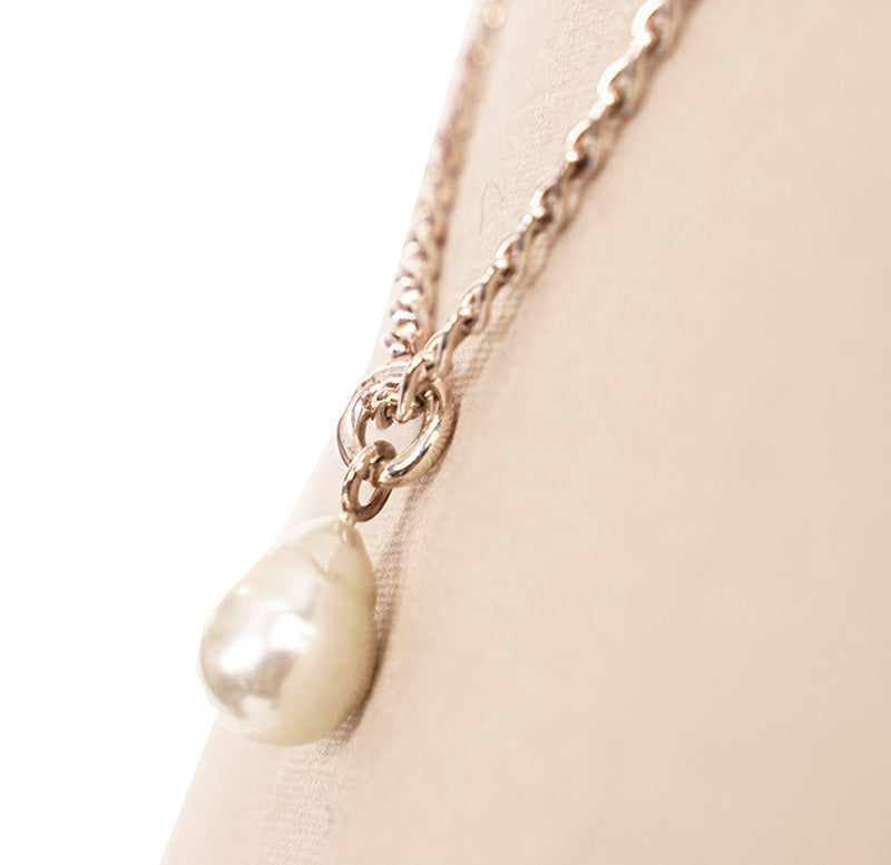 NEW $690 GUCCI Sterling Silver HORSEBIT LOGO Glass Pearl Pendant NECKLACE NWB