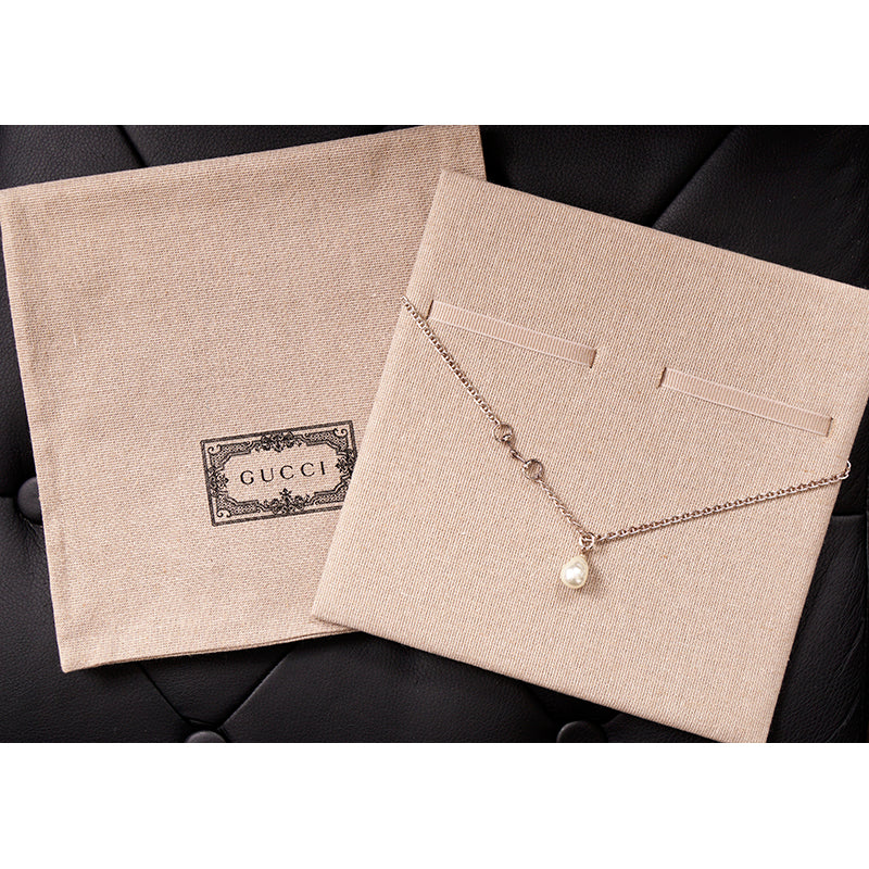 NEW $690 GUCCI Sterling Silver HORSEBIT LOGO Glass Pearl Pendant NECKLACE NWB