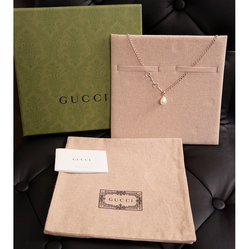 NEW $690 GUCCI Sterling Silver HORSEBIT LOGO Glass Pearl Pendant NECKLACE NWB