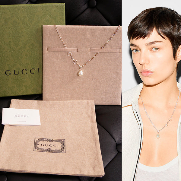 NEW $690 GUCCI Sterling Silver HORSEBIT LOGO Glass Pearl Pendant NECKLACE NWB