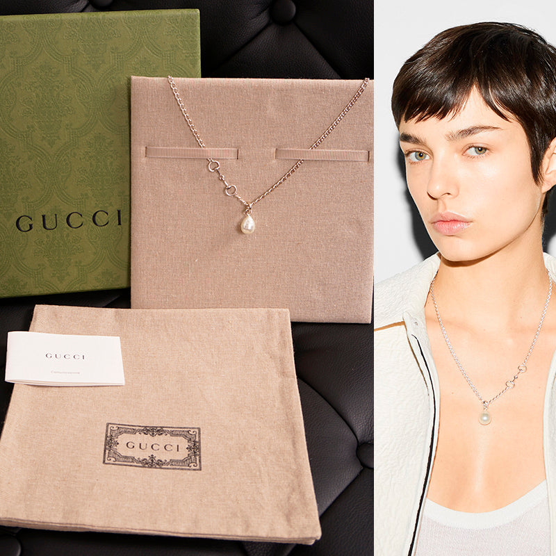 NEW $690 GUCCI Sterling Silver HORSEBIT LOGO Glass Pearl Pendant NECKLACE NWB