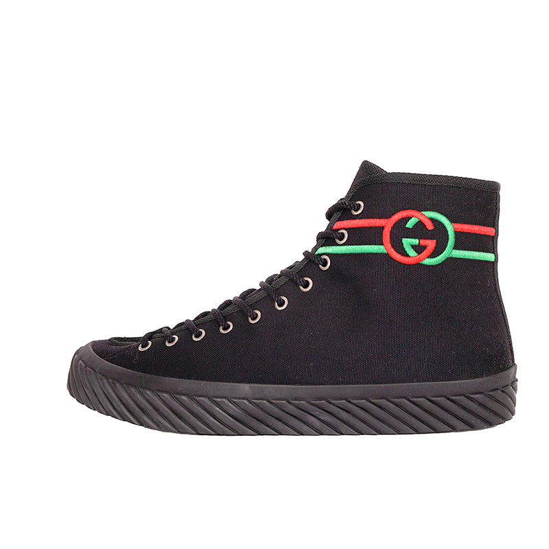 11.5G US 12 NEW $750 GUCCI All Black Canvas Red/Green GG LOGO High-top SNEAKERS