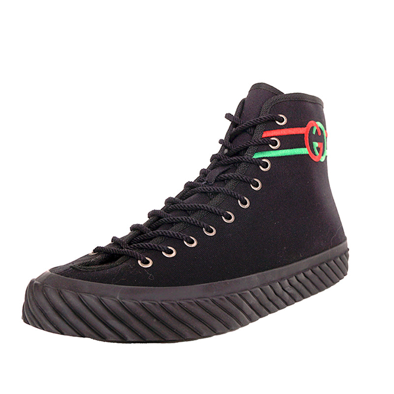 11.5G US 12 NEW $750 GUCCI All Black Canvas Red/Green GG LOGO High-top SNEAKERS