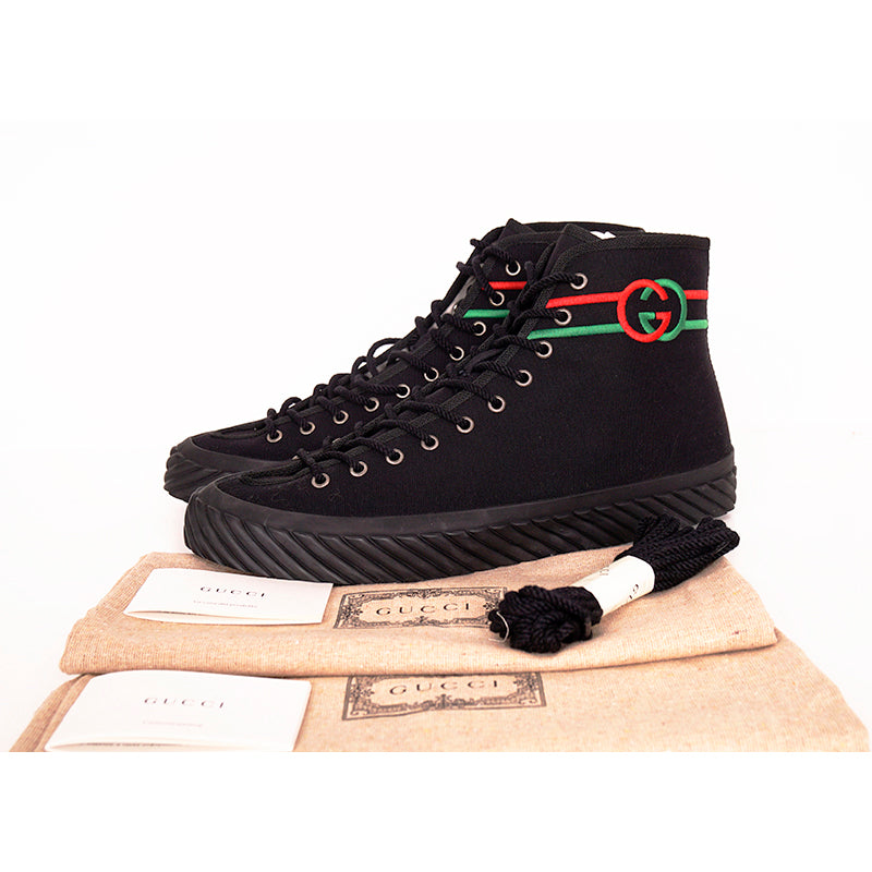 11.5G US 12 NEW $750 GUCCI All Black Canvas Red/Green GG LOGO High-top SNEAKERS