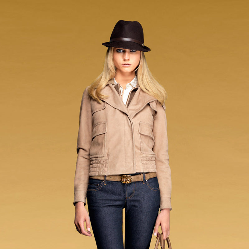 sz 42 VINTAGE $3,000 GUCCI Tan LEATHER NUBUCK SHEARLING LINED Bomber JACKET EUC