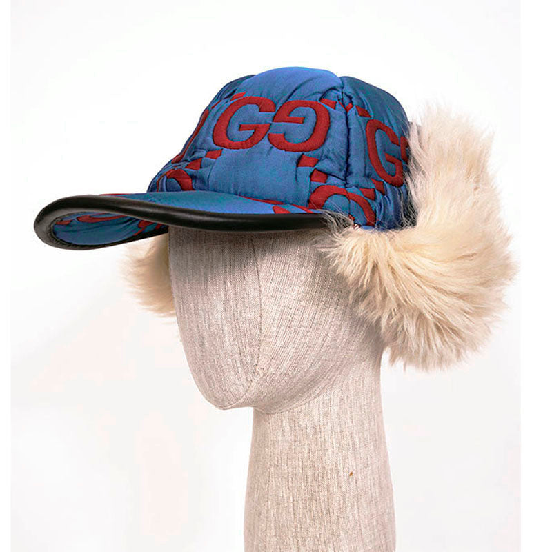 sz S NEW $1,550 GUCCI Blue Quilted Red GG Nylon & SHEARLING EAR FLAP TRAPPER HAT