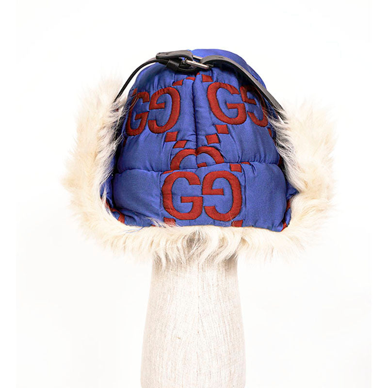 sz S NEW $1,550 GUCCI Blue Quilted Red GG Nylon & SHEARLING EAR FLAP TRAPPER HAT