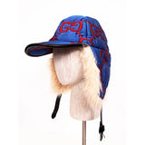 sz S NEW $1,550 GUCCI Blue Quilted Red GG Nylon & SHEARLING EAR FLAP TRAPPER HAT