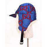 sz S NEW $1,550 GUCCI Blue Quilted Red GG Nylon & SHEARLING EAR FLAP TRAPPER HAT