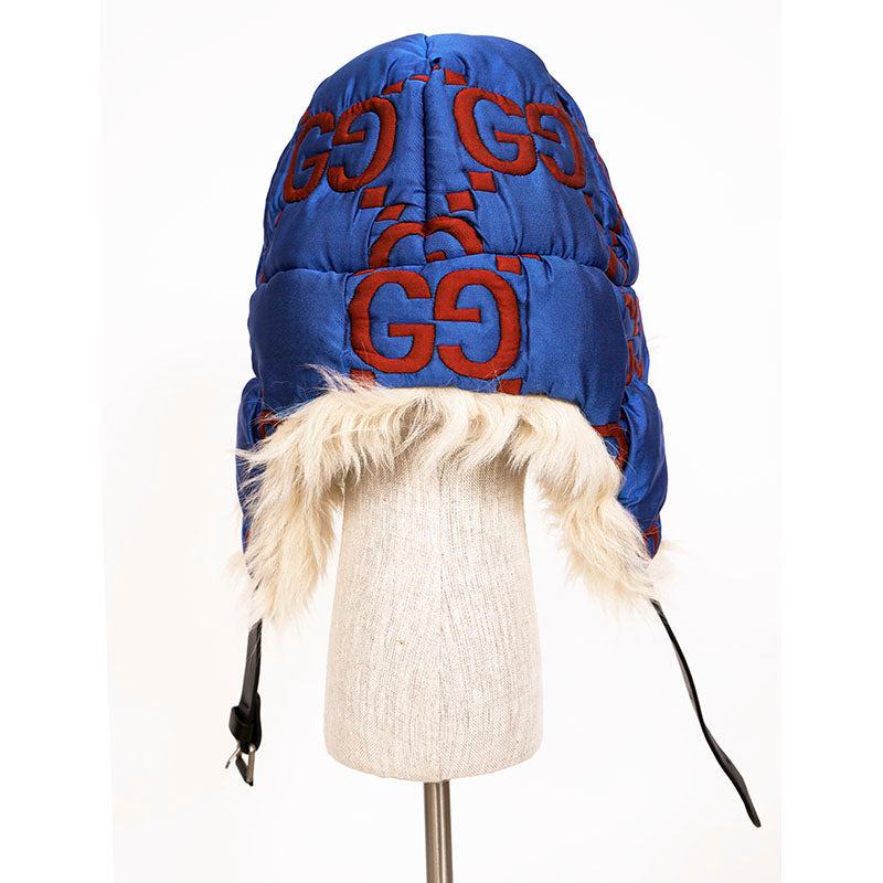 sz S NEW $1,550 GUCCI Blue Quilted Red GG Nylon & SHEARLING EAR FLAP TRAPPER HAT