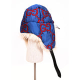 sz S NEW $1,550 GUCCI Blue Quilted Red GG Nylon & SHEARLING EAR FLAP TRAPPER HAT