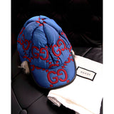 sz S NEW $1,550 GUCCI Blue Quilted Red GG Nylon & SHEARLING EAR FLAP TRAPPER HAT