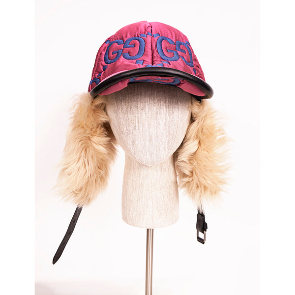 sz S NEW $1550 GUCCI Pink Quilted Blue GG Nylon & SHEARLING EAR FLAP TRAPPER HAT