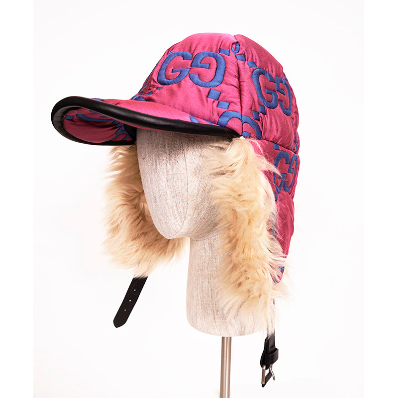 sz S NEW $1550 GUCCI Pink Quilted Blue GG Nylon & SHEARLING EAR FLAP TRAPPER HAT