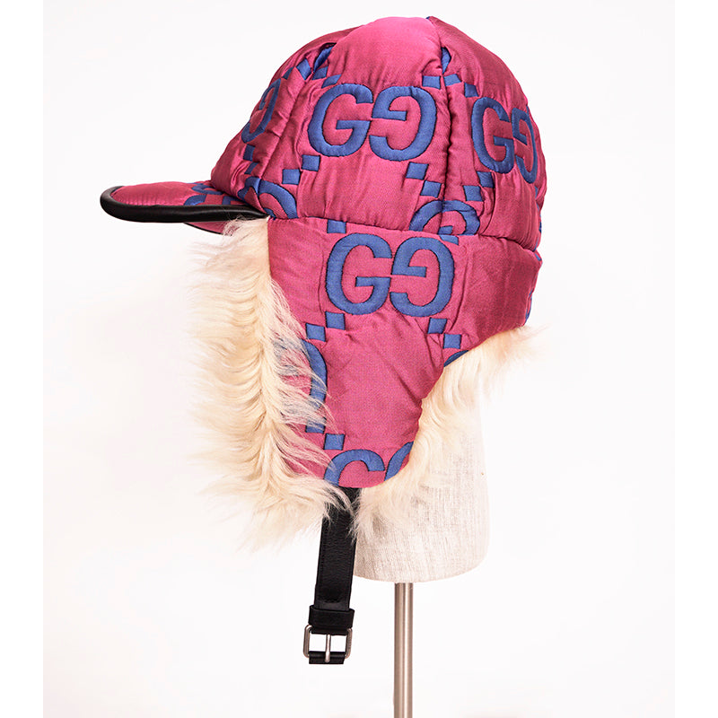 sz S NEW $1550 GUCCI Pink Quilted Blue GG Nylon & SHEARLING EAR FLAP TRAPPER HAT