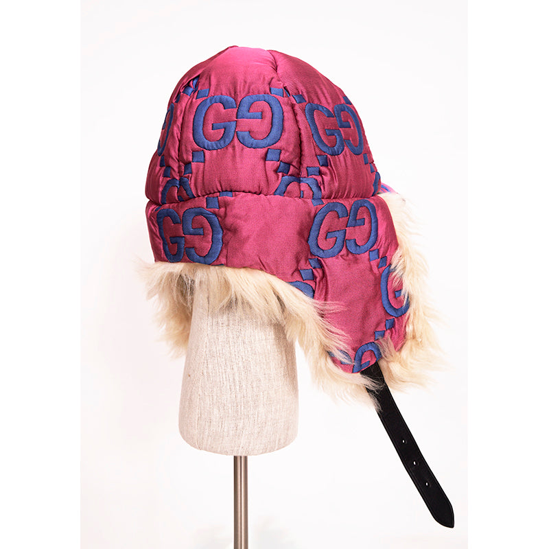 sz S NEW $1550 GUCCI Pink Quilted Blue GG Nylon & SHEARLING EAR FLAP TRAPPER HAT