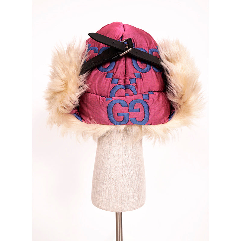 sz S NEW $1550 GUCCI Pink Quilted Blue GG Nylon & SHEARLING EAR FLAP TRAPPER HAT