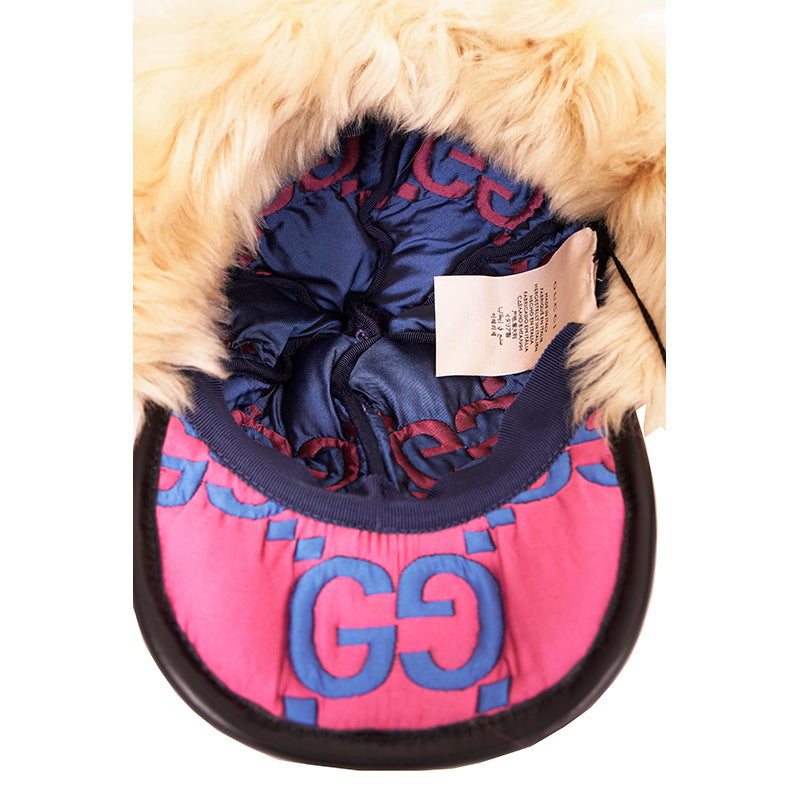 sz S NEW $1550 GUCCI Pink Quilted Blue GG Nylon & SHEARLING EAR FLAP TRAPPER HAT