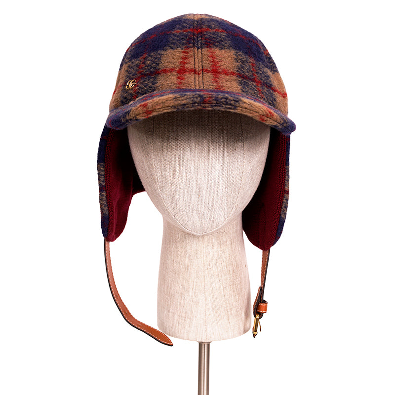 sz S NEW $950 GUCCI Camel Blue Red WOOL PLAID GG Logo FLAP TRAPPER Heritage HAT