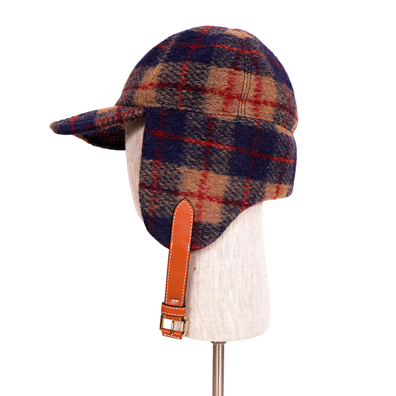 sz S NEW $950 GUCCI Camel Blue Red WOOL PLAID GG Logo FLAP TRAPPER Heritage HAT