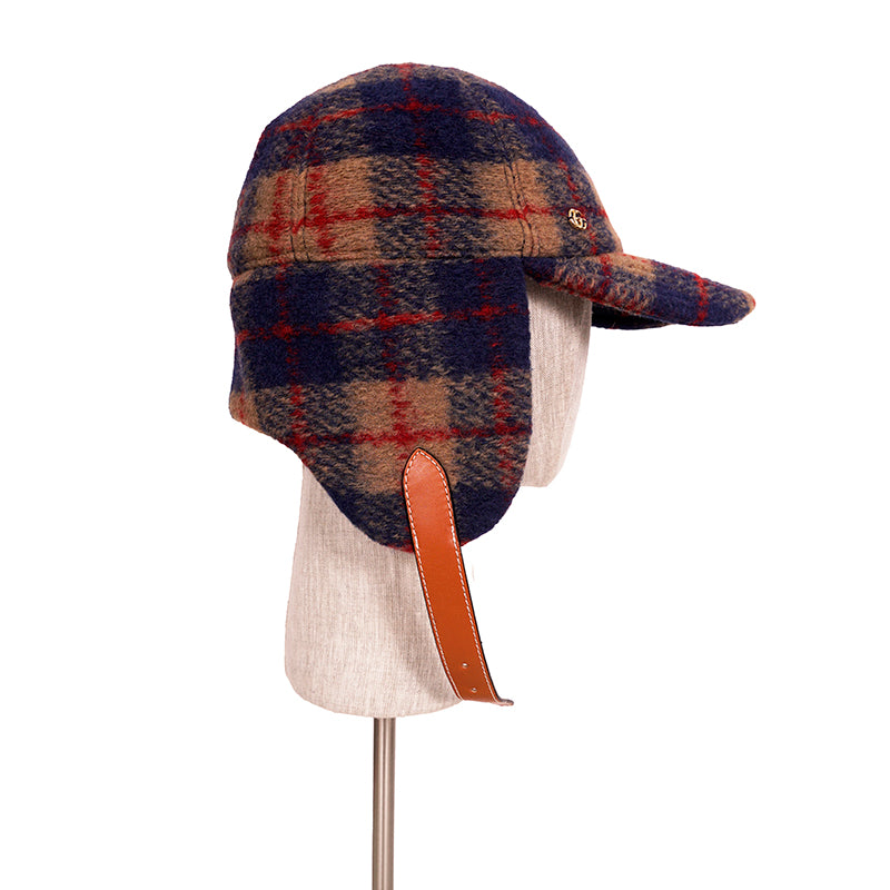 sz S NEW $950 GUCCI Camel Blue Red WOOL PLAID GG Logo FLAP TRAPPER Heritage HAT