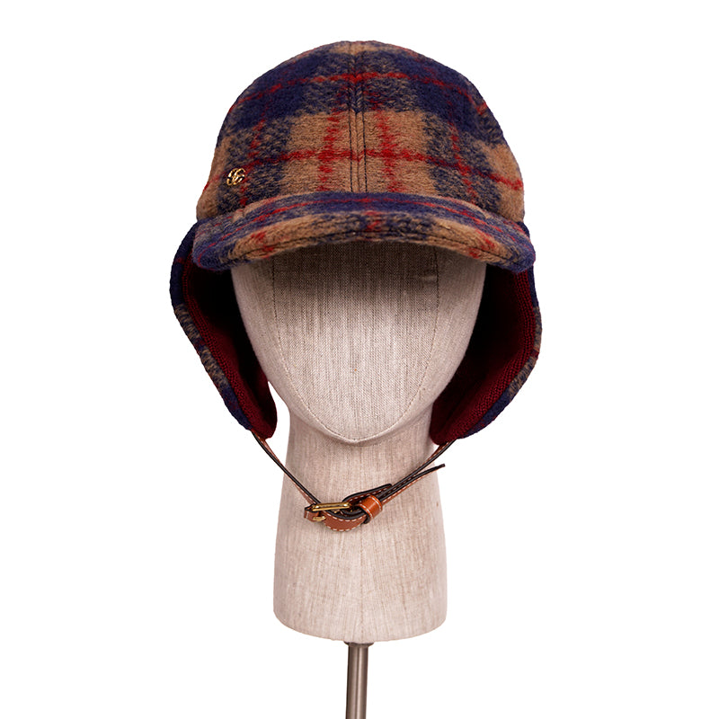 sz S NEW $950 GUCCI Camel Blue Red WOOL PLAID GG Logo FLAP TRAPPER Heritage HAT