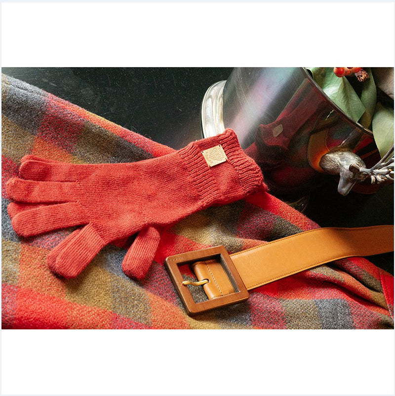 L NEW $395 GUCCI Woman's Red WOOL KNIT Leather KNIGHT CREST LOGO Classic GLOVES