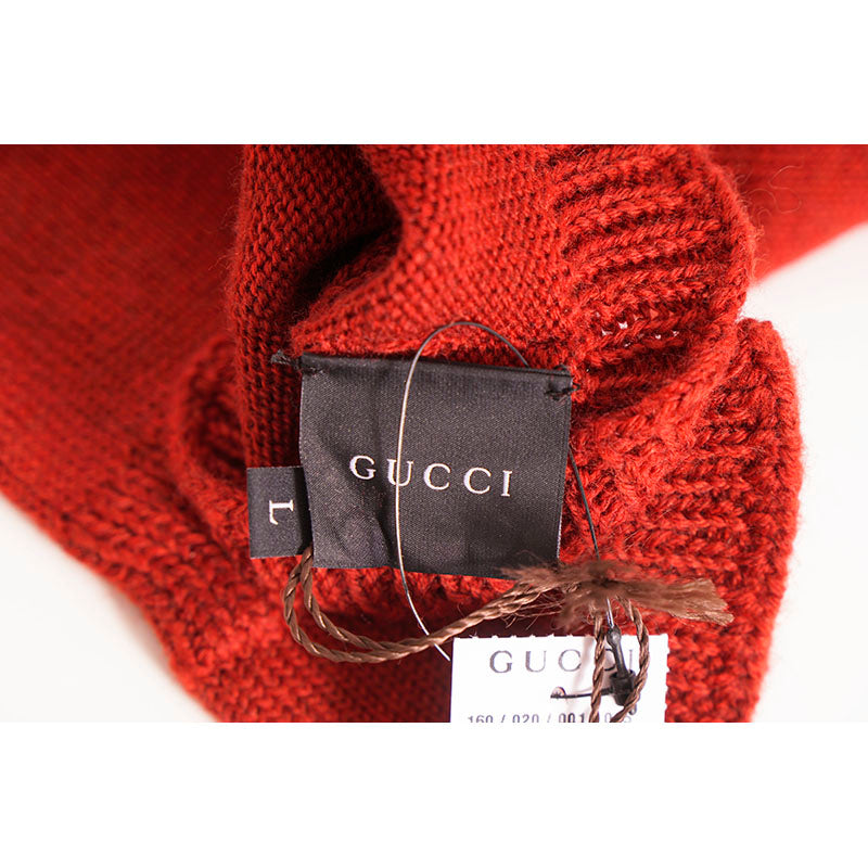 L NEW $395 GUCCI Woman's Red WOOL KNIT Leather KNIGHT CREST LOGO Classic GLOVES