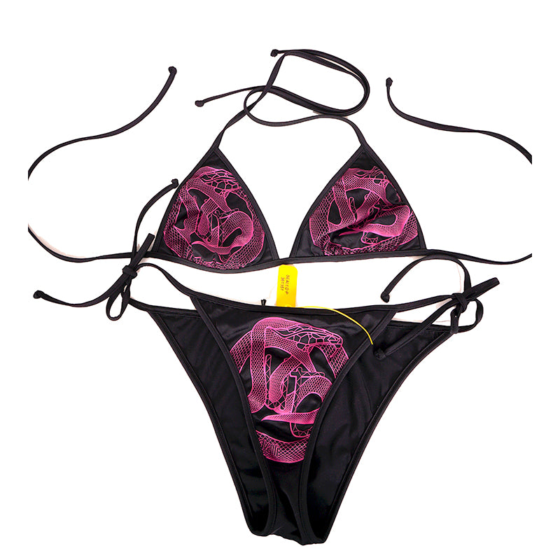 M NEW $440 JUST CAVALLI ROBERTO Black PINK SNAKE LOGO Swimsuit BIKINI TOP BOTTOM