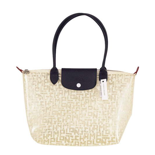 NEW RETIRED LONGCHAMP Le Pliage White LGP LOGO Clear PVC & Leather TOTE BAG NWT